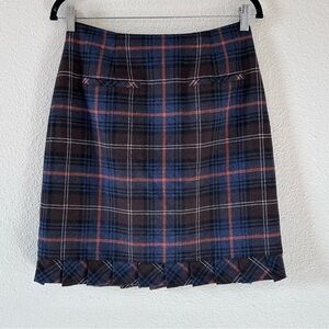 CAbi Women Midi Wool Blend Skirt 6 Brown Blue Orange Pleat Frill Hem Preppy Fall
